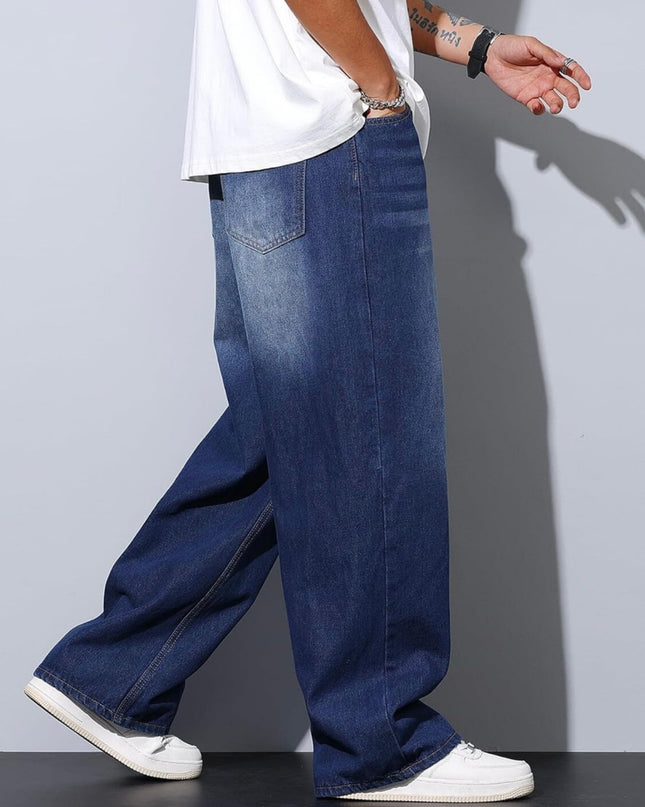 Stone Blue Whisker Wash Baggy Fit Jeans For Men's
