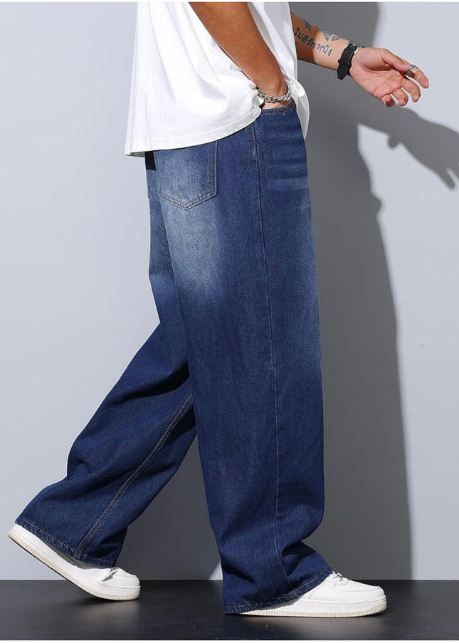 Stone Blue Whisker Wash Baggy Fit Jeans For Men's