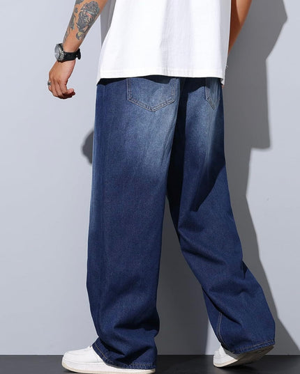 Stone Blue Whisker Wash Baggy Fit Jeans For Men's
