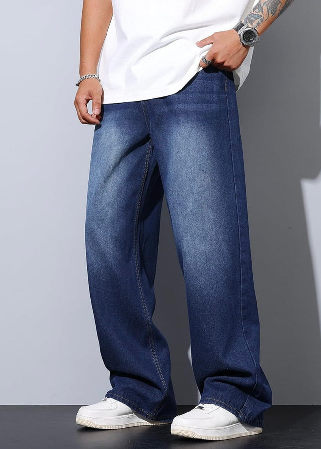 Stone Blue Whisker Wash Baggy Fit Jeans For Men's