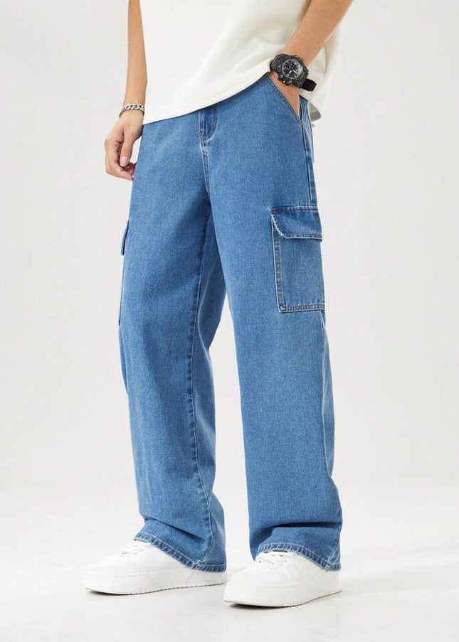 Stone Blue Cargo Fit Jeans For Men's