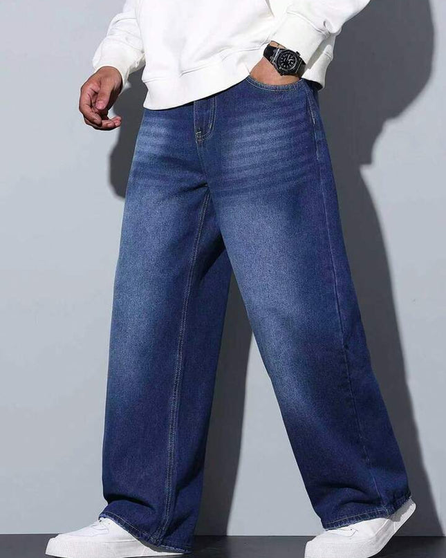 Dark Blueish Whisker Wash Baggy Fit Jeans