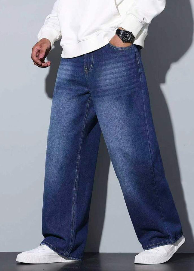 Dark Blueish Whisker Wash Baggy Fit Jeans