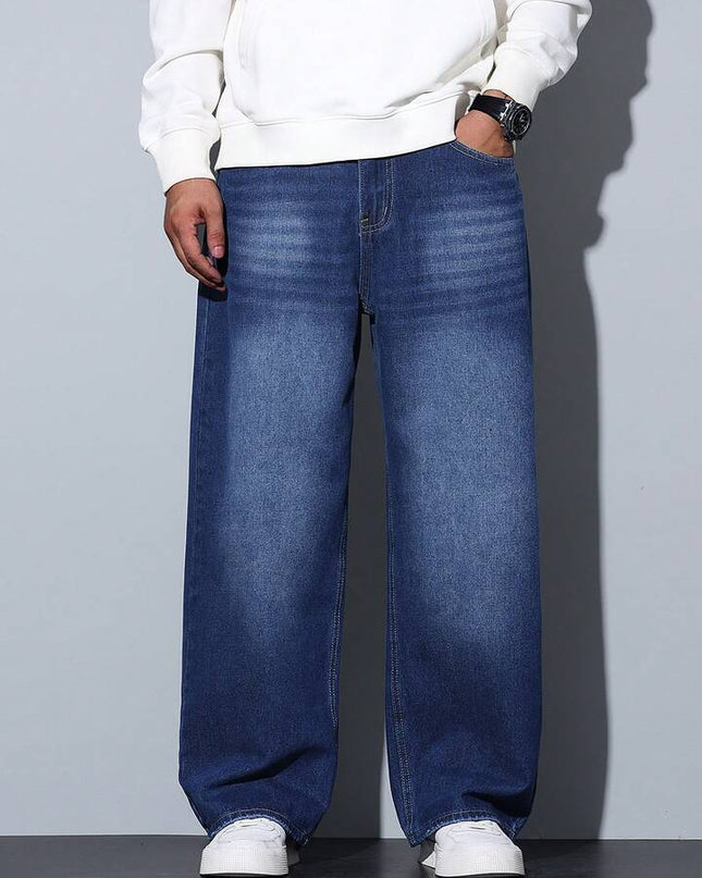 Dark Blueish Whisker Wash Baggy Fit Jeans