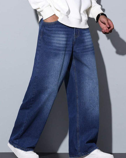 Dark Blueish Whisker Wash Baggy Fit Jeans
