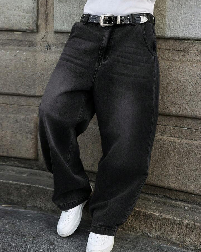 Black Whisker wash Baggy Fit Jeans