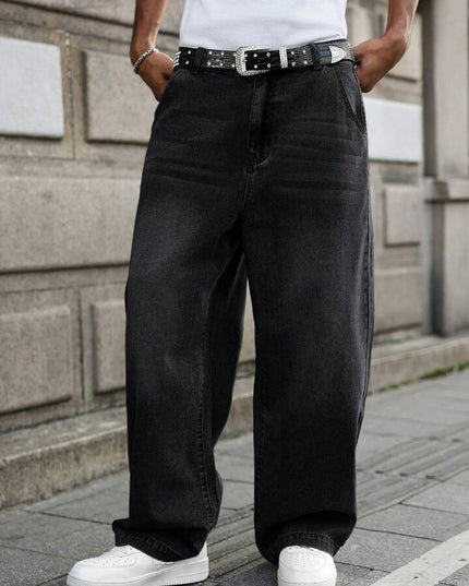 Black Whisker wash Baggy Fit Jeans