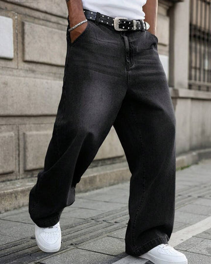 Black Whisker wash Baggy Fit Jeans