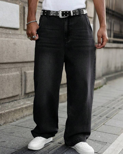 Black Whisker wash Baggy Fit Jeans