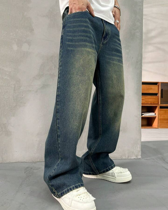 Greenish Vintage Whisker Spray Wash Baggy Fit Jeans