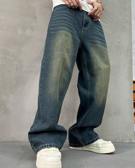 Greenish Vintage Whisker Spray Wash Baggy Fit Jeans