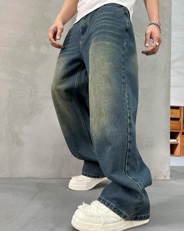 Greenish Vintage Whisker Spray Wash Baggy Fit Jeans