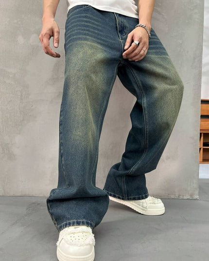 Greenish Vintage Whisker Spray Wash Baggy Fit Jeans