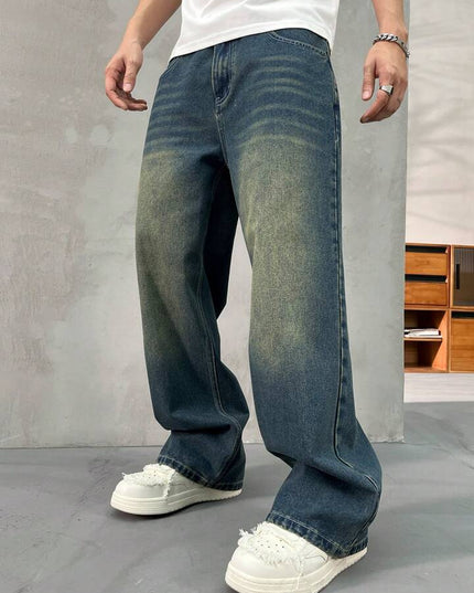 Greenish Vintage Whisker Spray Wash Baggy Fit Jeans